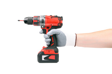 A hand grips a cordless drill equipped with a battery isolated on white background.