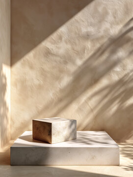 A minimalist square podium with soft lighting casting gentle shadows on the surface.