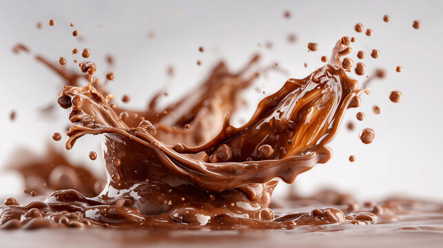 A dynamic photograph of chocolate melting and splashing, with the creamy texture visible against a white background.
