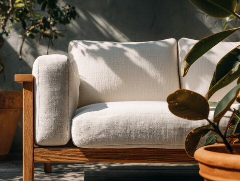A close-up of the armrest on an outdoor white fabric sofa with wooden legs. a light wood and dark oak finish, modern minimal furniture design.