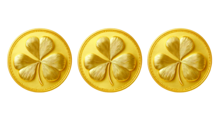 Three golden coins with shamrock relief and textured edges on white background, cut out transparent