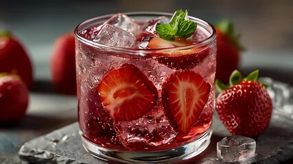 Refreshing strawberry drink served over ice with mint garnish in a cozy setting - Powered by Adobe
