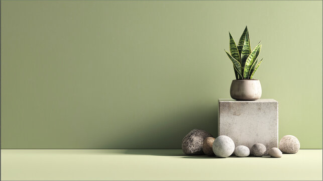 A minimalist still life with concrete blocks, a snake plant, and pebbles arranged on the right side of an empty, light green background.