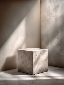 A minimalist square podium with soft lighting casting gentle shadows on the surface.