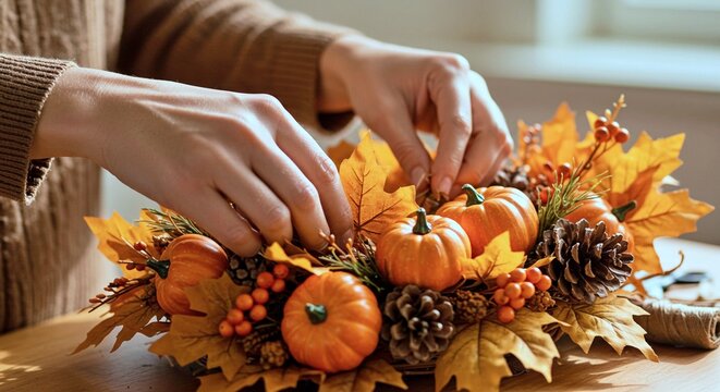 Woman arranging autumn centerpiece with pumpkins and fall foliage