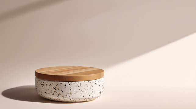 flat podium made of white terrazzo with a wooden lid, on a plain background.
