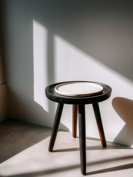 Black wooden stool with a white stone plate on it minimal background.