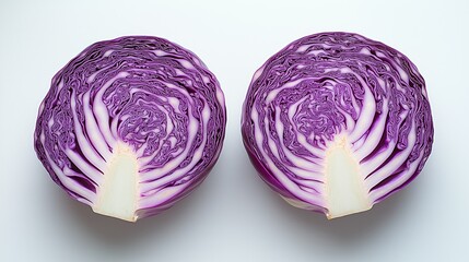 Purple cabbage sliced in half on white background, vibrant cross-section with geometric patterns for healthy eating and kitchen decor
