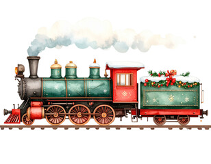 Vintage Christmas Train Illustration with Steam and Snow, Transparent PNG