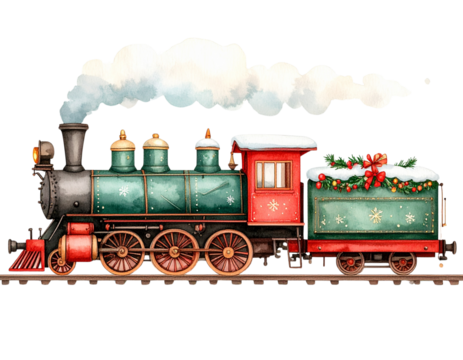 Vintage Christmas Train Illustration with Steam and Snow, Transparent PNG
