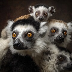 Fototapeta premium Portrait of a Ring Tailed Lemur Family with Orange Eyes and Black and White Fur in a Dark Brown Background