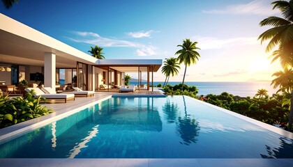 Luxurious Modern Villa with Infinity Pool Overlooking Tropical Ocean Sunset