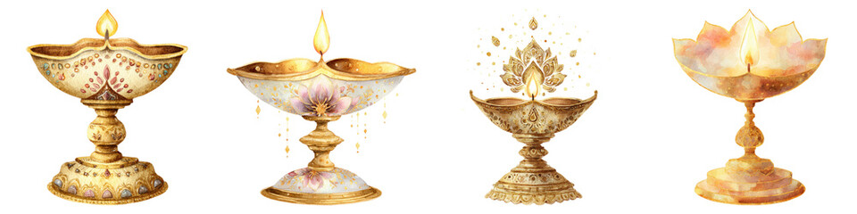 Happy diwali clipart watercolor, A collection of ornate decorative lamps featuring intricate designs and glowing candles.