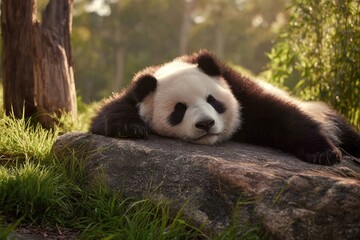 Fototapeta premium Relaxed Giant Panda Sleeping on Rock in Forest with Green Grass and Sunlight Warm Hues in Natural Habitat