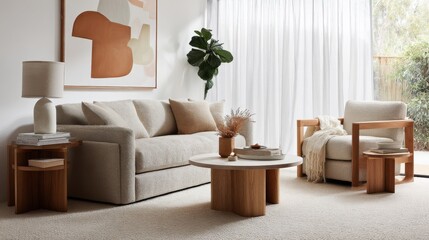 Modern living room with minimalist furniture in neutral tones, featuring a soft fabric sofa, wooden side tables,
