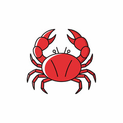 Red cartoon crab illustration with claws and legs in simple line art style on white background.