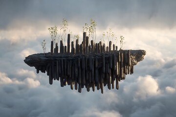 Enchanting floating island crafted from weathered logs, lush greenery, and moss drifts serenely through a cloudy sky