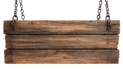 Old Wooden Sign with Hanging Metal Chains on White Background, cut out transparent