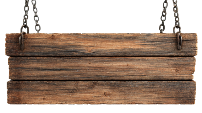 Old Wooden Sign with Hanging Metal Chains on White Background, cut out transparent