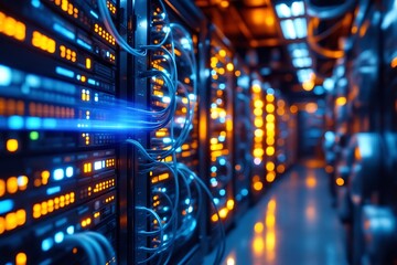 A vibrant, futuristic view of a data center with glowing server racks and active network cables.