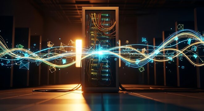 A server rack in a dark room is surrounded by illuminated, abstract data streams and geometric network connections, symbolizing advanced technology and information flow.