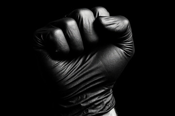 Obraz premium Strength in the Dark: A powerful fist clenched tight in a dramatic, high-contrast studio shot, symbolizing resilience, unity, and determination against adversity. 
