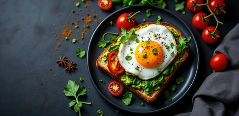Delicious avocado toast topped with a perfectly fried egg and fresh tomatoes