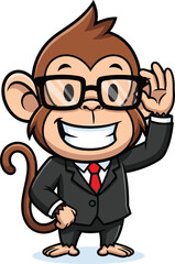 Cartoon monkey in suit, red tie, vector illustration, business mascot, smiling character, OK gesture, clipart, professional animal icon