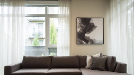 Fototapeta premium An elegant living room with natural light, sheer white curtains, dark gray sectional sofa, textured throw pillows,