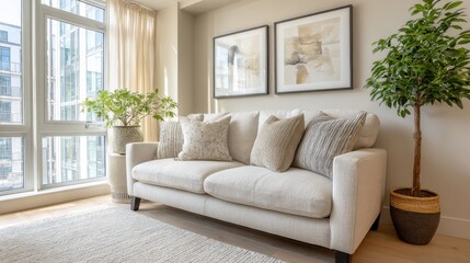 Fototapeta premium A serene contemporary living room with a light beige sofa, decorative cushions, abstract paintings, natural light,