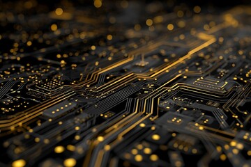 Stunning digital circuit board glowing with golden light, representing advanced technology and futuristic innovation