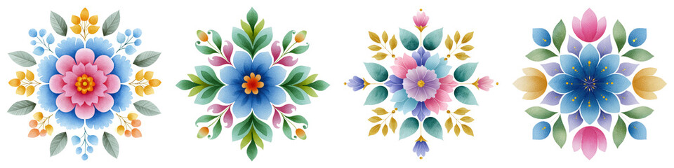 Happy diwali clipart watercolor, Vibrant floral designs featuring various colors and shapes arranged in symmetrical patterns.