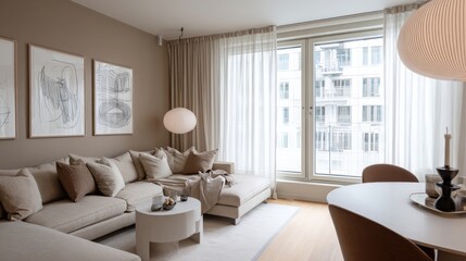 Fototapeta premium A modern living space with natural light, large windows, soft white curtains, L-shaped sofa, contemporary coffee table,