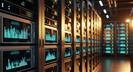 Rows of glowing server racks with data visualizations in a modern data center.