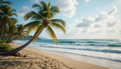 Obraz premium Tropical beach scene with palm trees, turquoise water, and fluffy white clouds under a bright blue sky.