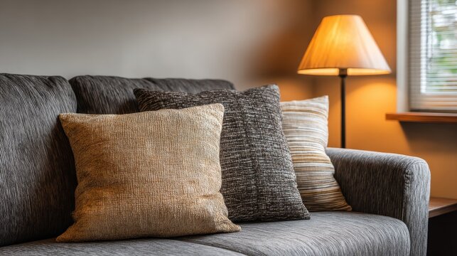 A cozy living room scene with a sofa featuring textured gray, brown, and beige cushions, softly lit by a lamp,