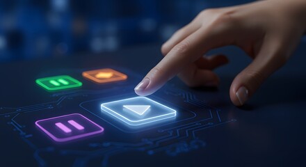 A Finger Poised Over a Luminous Blue Play Button on a Futuristic Neon Interface.