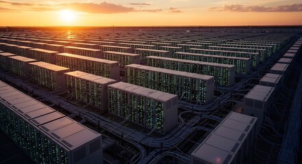 An expansive outdoor data center with rows of glowing server racks under a dramatic sunset sky.