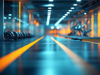A sleek, modern gym with mirrored walls and equipment sits empty, bathed in blue and orange lighting. The space exudes readiness for intense workouts and focus.