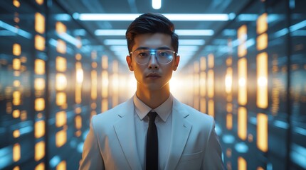 A confident Asian businessman in glowing smart glasses stands in a futuristic, illuminated data center.