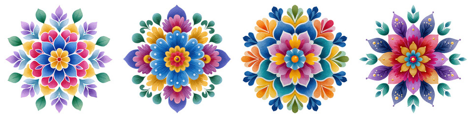 Fototapeta premium Happy diwali clipart watercolor, Colorful floral designs featuring intricate patterns and vibrant hues, showcasing symmetry and artistry.