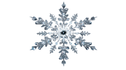 Sparkling Silver Snowflake Ornament with Diamond Accents on White, cut out transparent