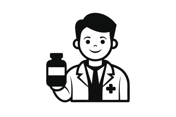 Cartoon Doctor Holding Medicine Bottle Icon in Black and White 