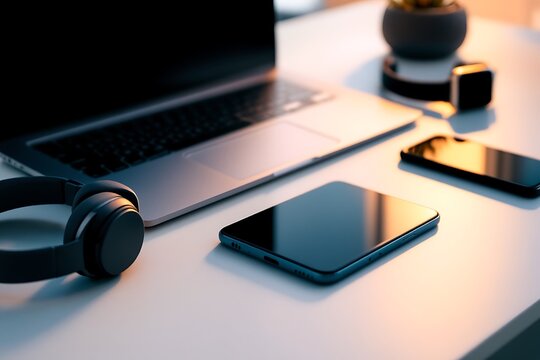 A modern desktop setup featuring various electronic devices including a laptop, headphones, and smartphones bathed in a warm, ambient light.