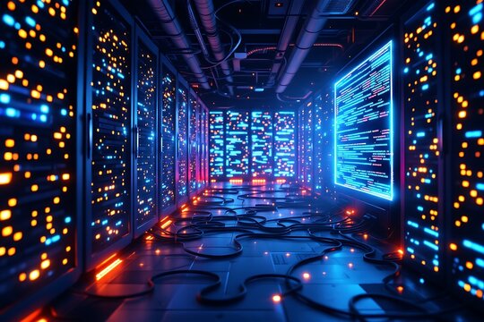 A futuristic data center corridor illuminated by glowing blue and orange server lights with digital code displayed on a screen.