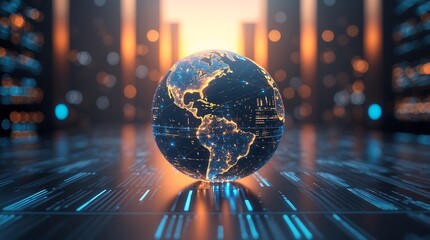 A glowing digital Earth globe sits on a futuristic circuit board, symbolizing global connectivity and technological innovation.