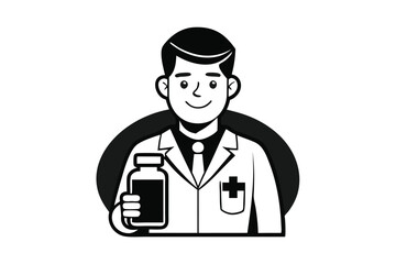 Monochrome Cartoon Doctor Holds Medicine Bottle Art