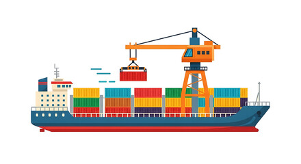 Shipping logistics A colorful illustration of a cargo ship with a crane loading containers for global trade