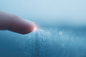 Fototapeta premium Finger touches surface, creating radiant spark amidst shimmering