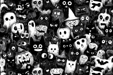 Black and white Halloween pattern with ghosts, skulls, black cats, pumpkins, witches, creepy faces and monsters 